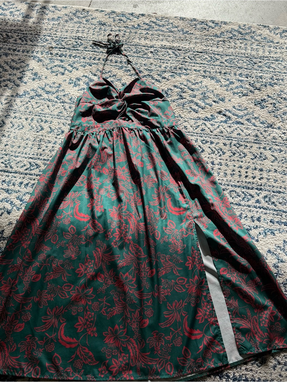 Green Floral Backless Halter Maxi Dress with Pink Print